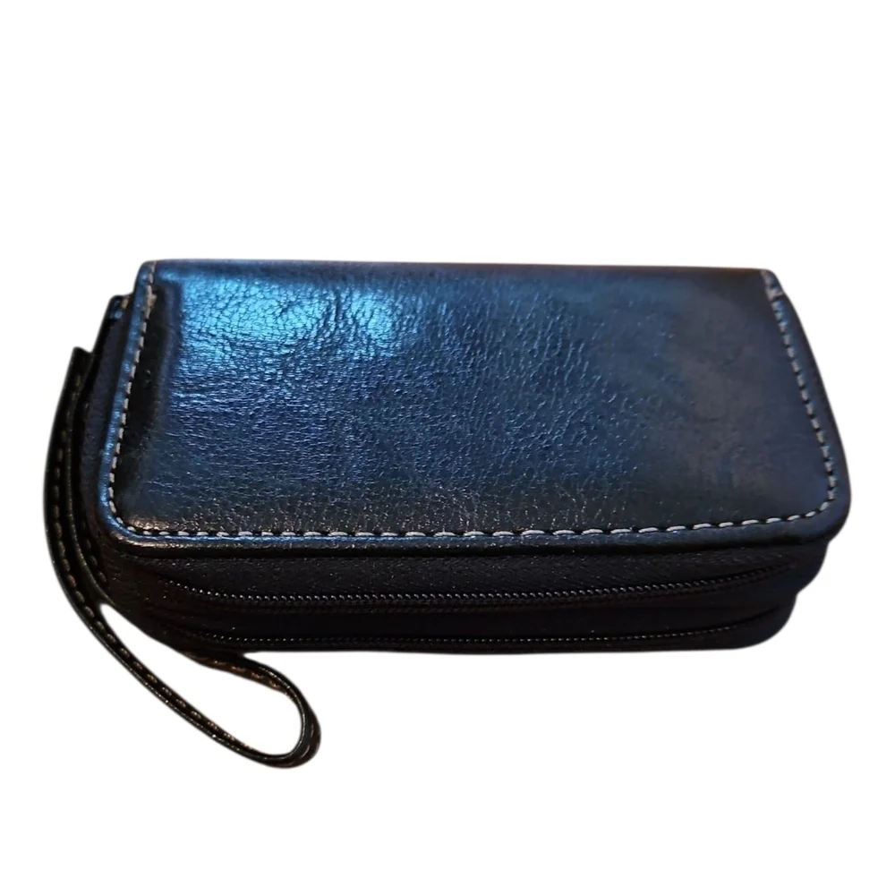 Black Two-zipper Accordion Style Wallet with Wrist Strap
